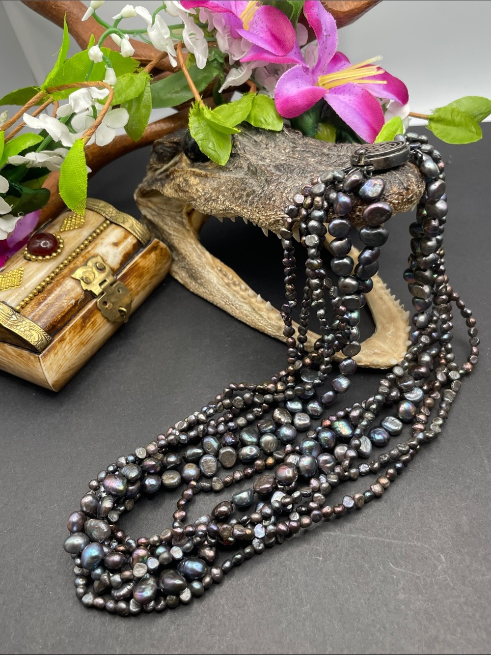 Peacock freshwater pearl 925 necklace D8